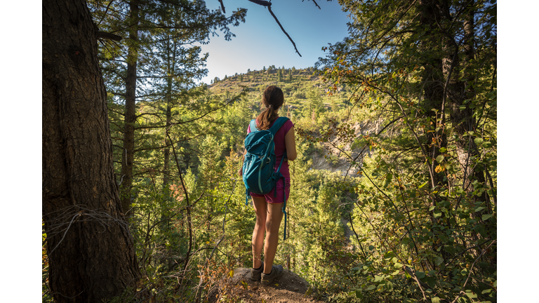 Rear view of woman standing on mountain against sky,Steamboat Springs,Colorado,United States,USA