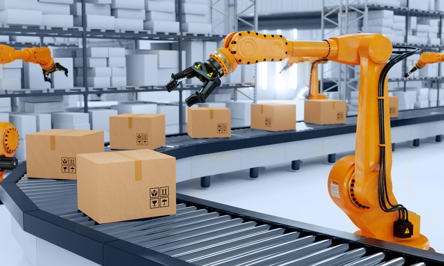 Industrial robot arm grabbing the cardboard box on roller conveyor rack with storage warehouse background. Technology and artificial intelligence innovation concept. 3D illustration rendering