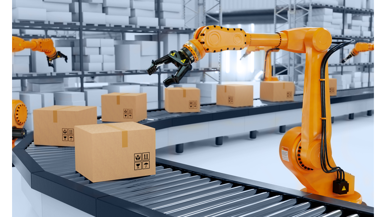 Industrial robot arm grabbing the cardboard box on roller conveyor rack with storage warehouse background. Technology and artificial intelligence innovation concept. 3D illustration rendering