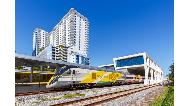 Brightline private inter-city rail train at West Palm Beach railway station in Florida, United States