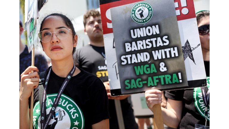 Starbucks Workers Join Striking Writers Guild And SAG-AFTRA Picketers