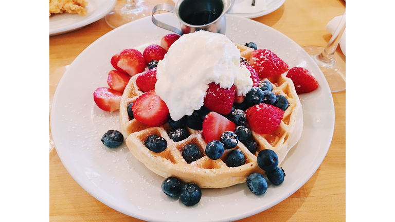 Waffle with blueberry, strawberry and ice cream