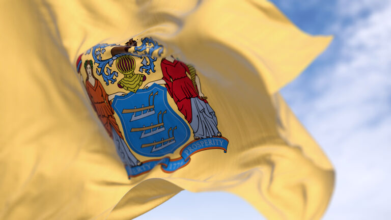 Close-up of New Jersey state flag waving in the wind