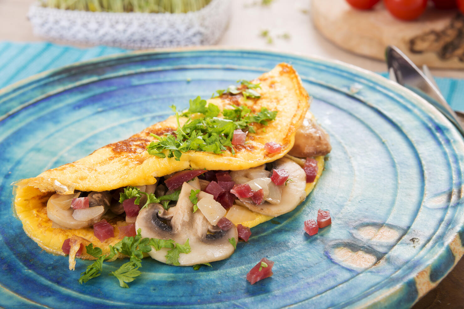 Omelette with champignon, onion and ham on plate