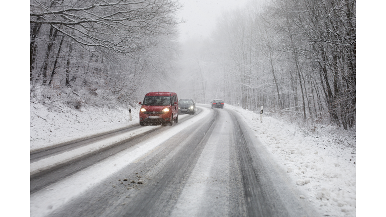 Bad road conditions during heavy snowfall in Germany