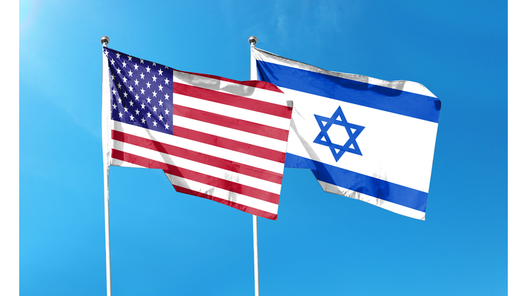 USA and Israel twin flags waving on textured background