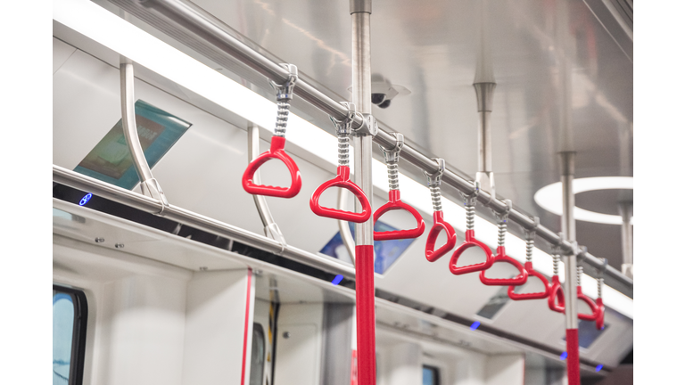 Subway handgrips, handles in Guangzhou metro,South China’s Guangdong Province.