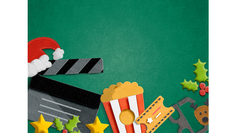 movie tickets, clapperboard, pop corn and 3d glasses in ablue background..Flat lay .Christmas concept made of felt