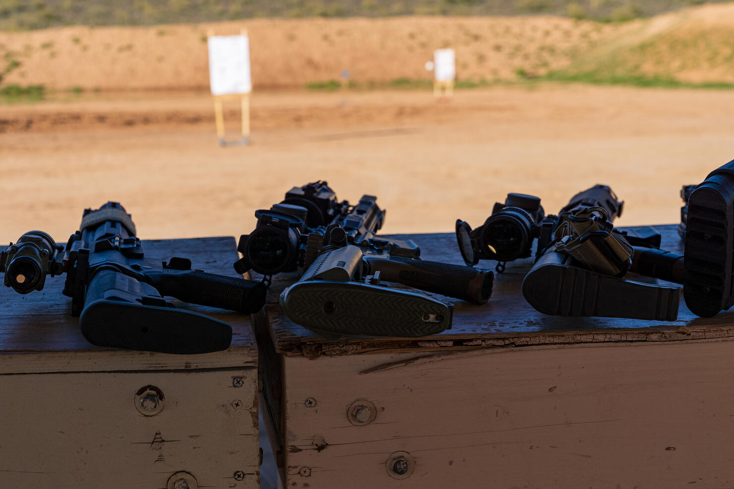 Semi-Automatic AR-15 Style carbine rifles staged at Outdoor Range
