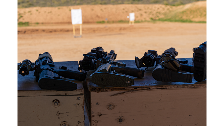 Semi-Automatic AR-15 Style carbine rifles staged at Outdoor Range