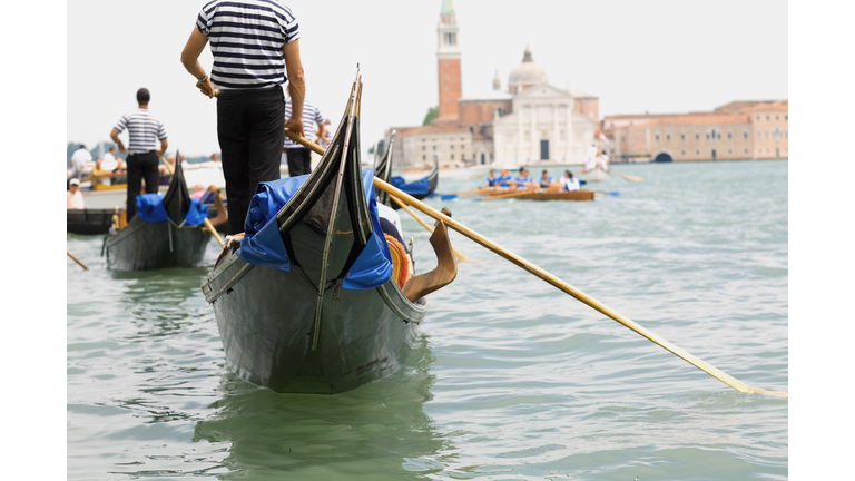 Rear view of three gondoliers rowing gondolas, Venice, Veneto, Italy