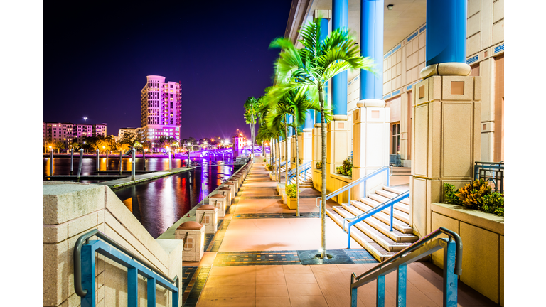 The Convention Center and Riverwalk at night in Tampa, Florida.