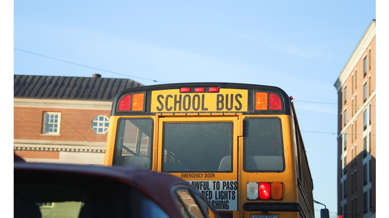 yellow school bus parked on a quiet suburban street. The bus is bright yellow with tinted windows and a stop sign on the side. photo conveys a sense of safety and nostalgia.