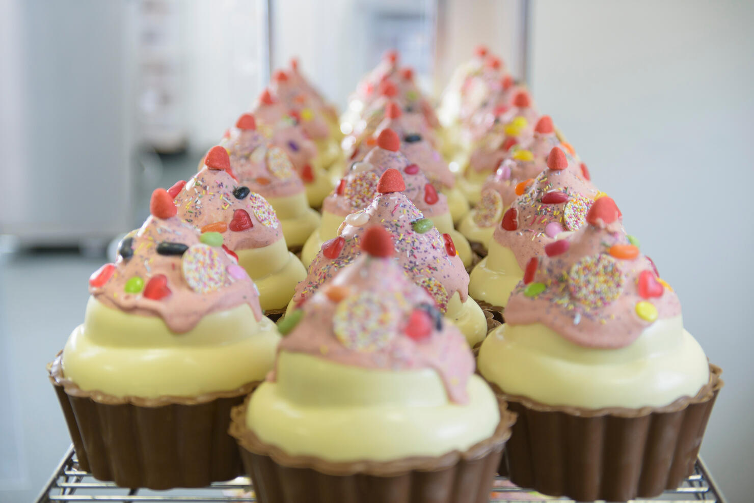 Large chocolate cup cakes arranged on shelf in chocolate factory