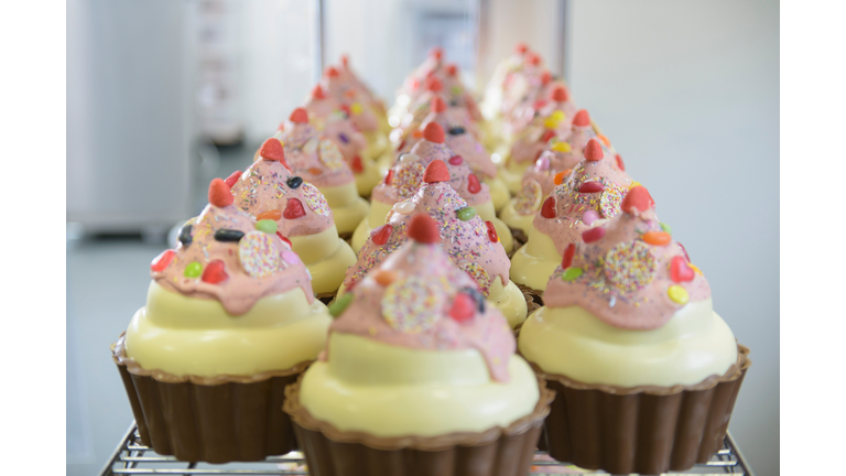 Large chocolate cup cakes arranged on shelf in chocolate factory