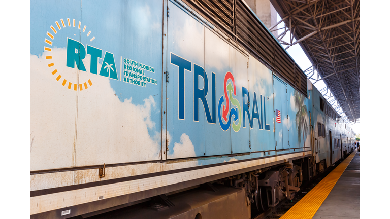 Tri-Rail logo on a commuter rail train at Miami International Airport railway station in Florida, United States