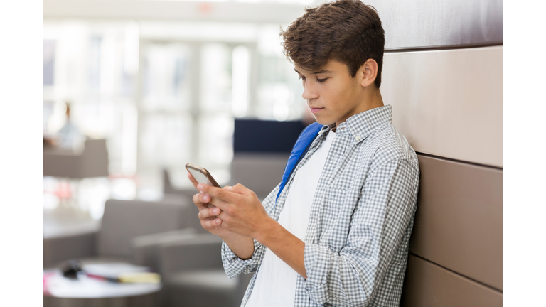 Teenage boy texts friend in high school lobby