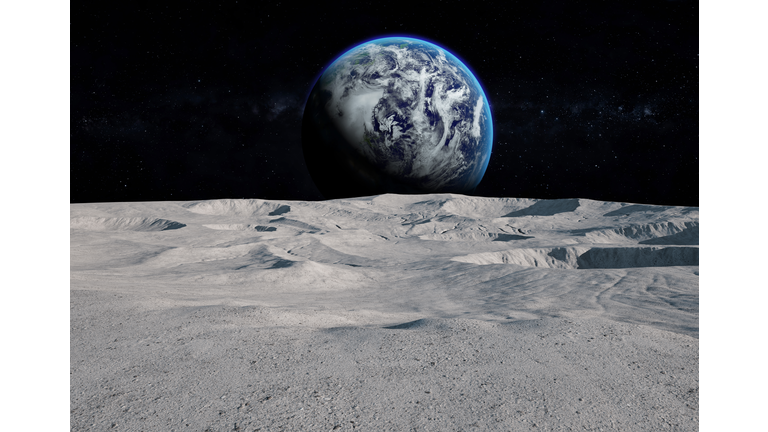 Moon surface with distant Earth and starfield