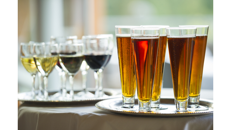 Beer and wine on trays ready to be served