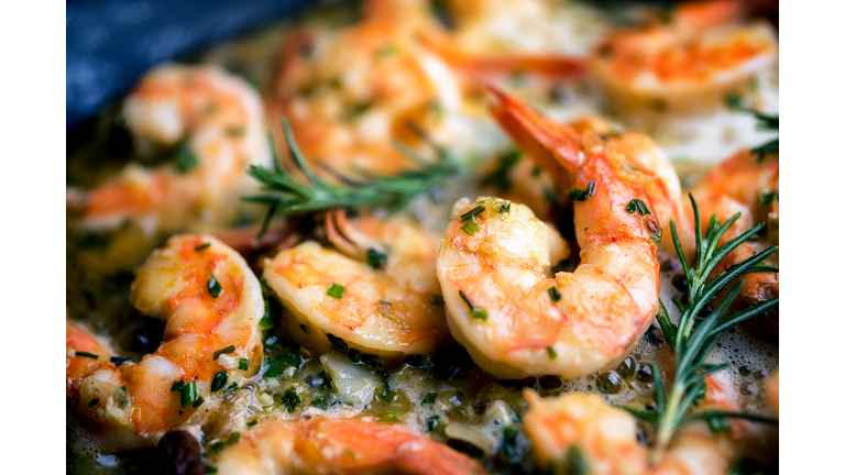 Jumbo Shrimp Scampi Sauteeing in Butter and Olive Oil