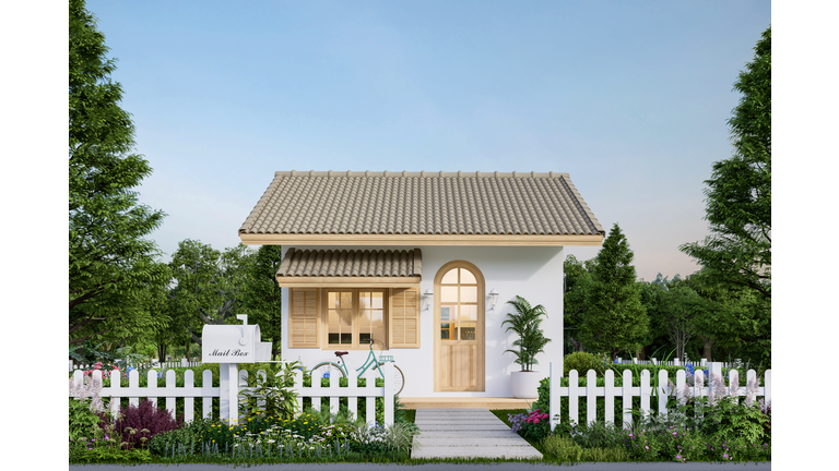 Modern contemporary cute tiny house exterior surrounded by nature 3d render