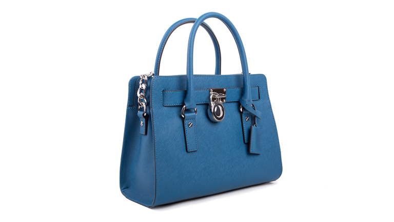 Blue leather Women's handbag on white background