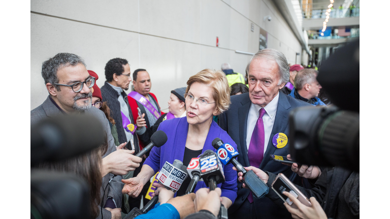 Sen. Elizabeth Warren And Rep. Ayanna Pressley Rally For Airport Workers