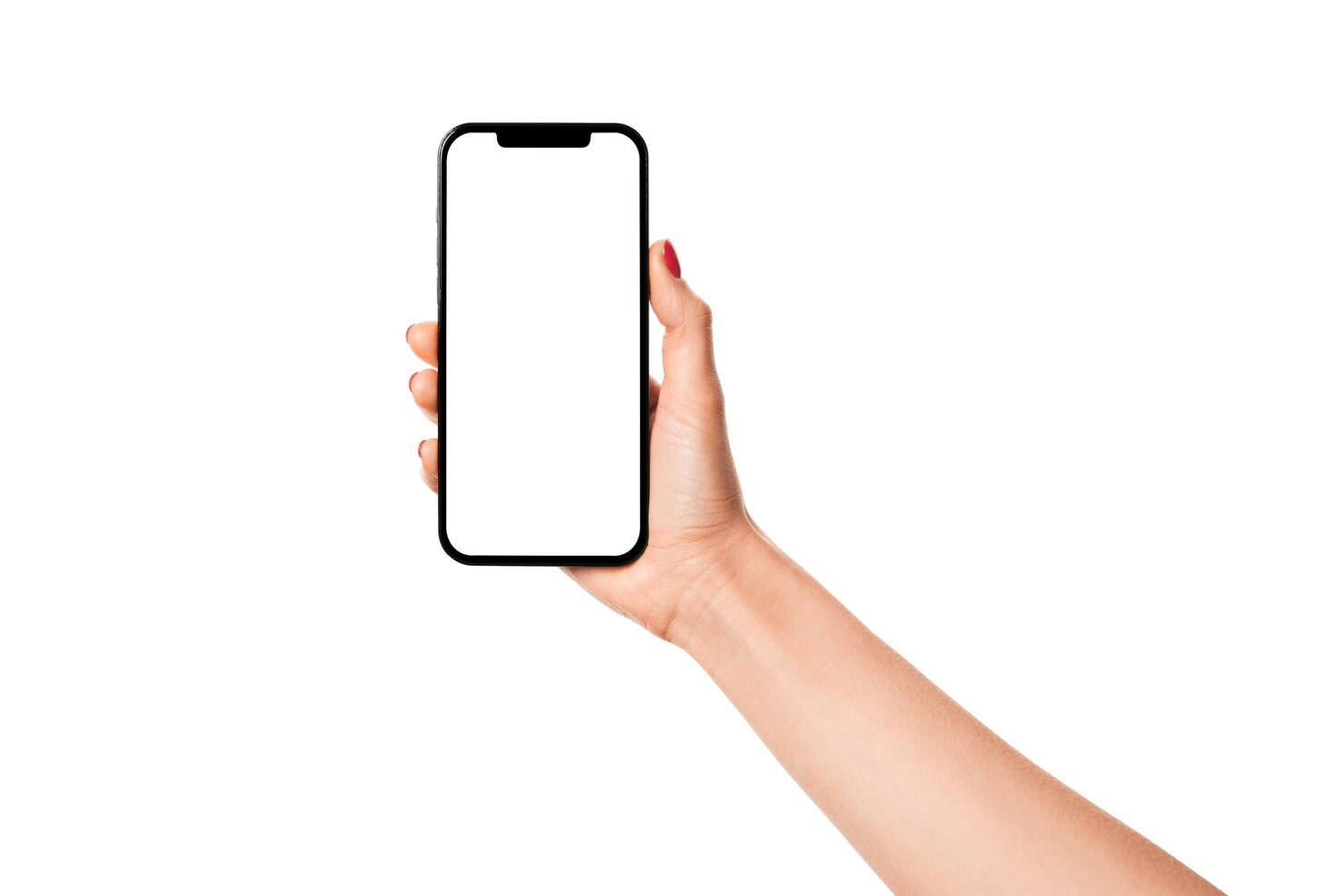 Woman hand holding modern smartphone iphone mockup with white screen on white background