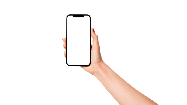 Woman hand holding modern smartphone iphone mockup with white screen on white background