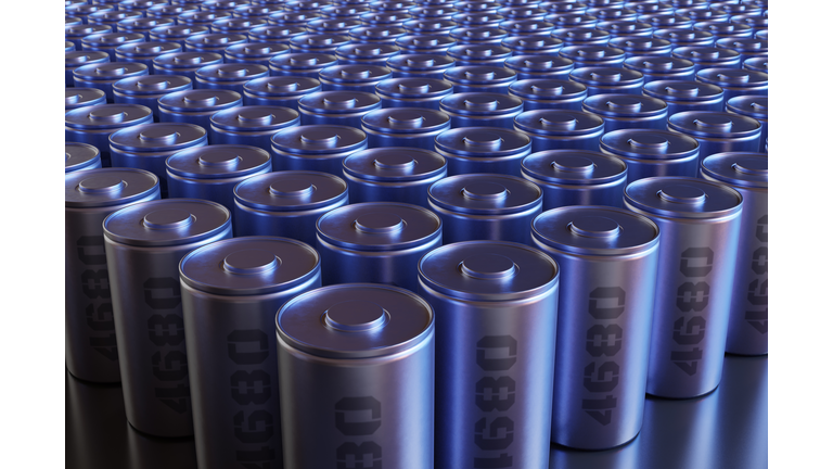 Array of new type of high capacity batteries named as 4680 for electric vehicles. 3D illustration of the concept of high performance EV batteries