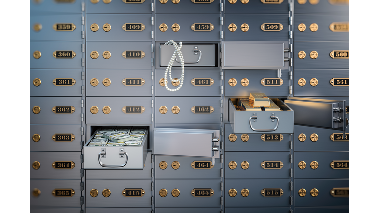 Open safe deposit box with money, jewels and golden ingots. Financial banking investment concept.