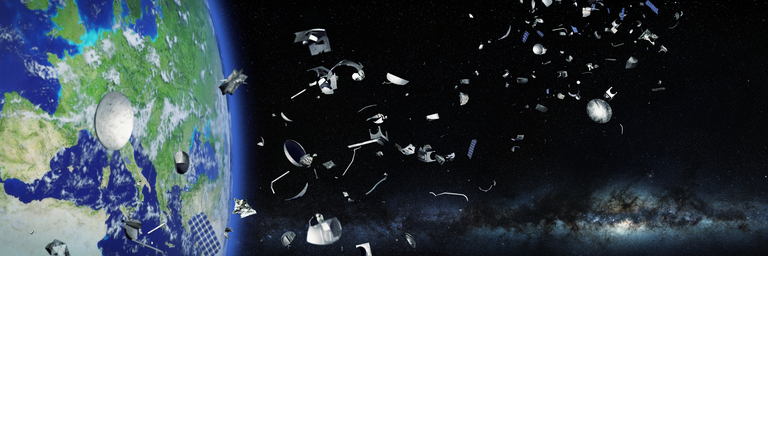 space junk in Earth orbit, debris orbiting the blue planet, flying trash