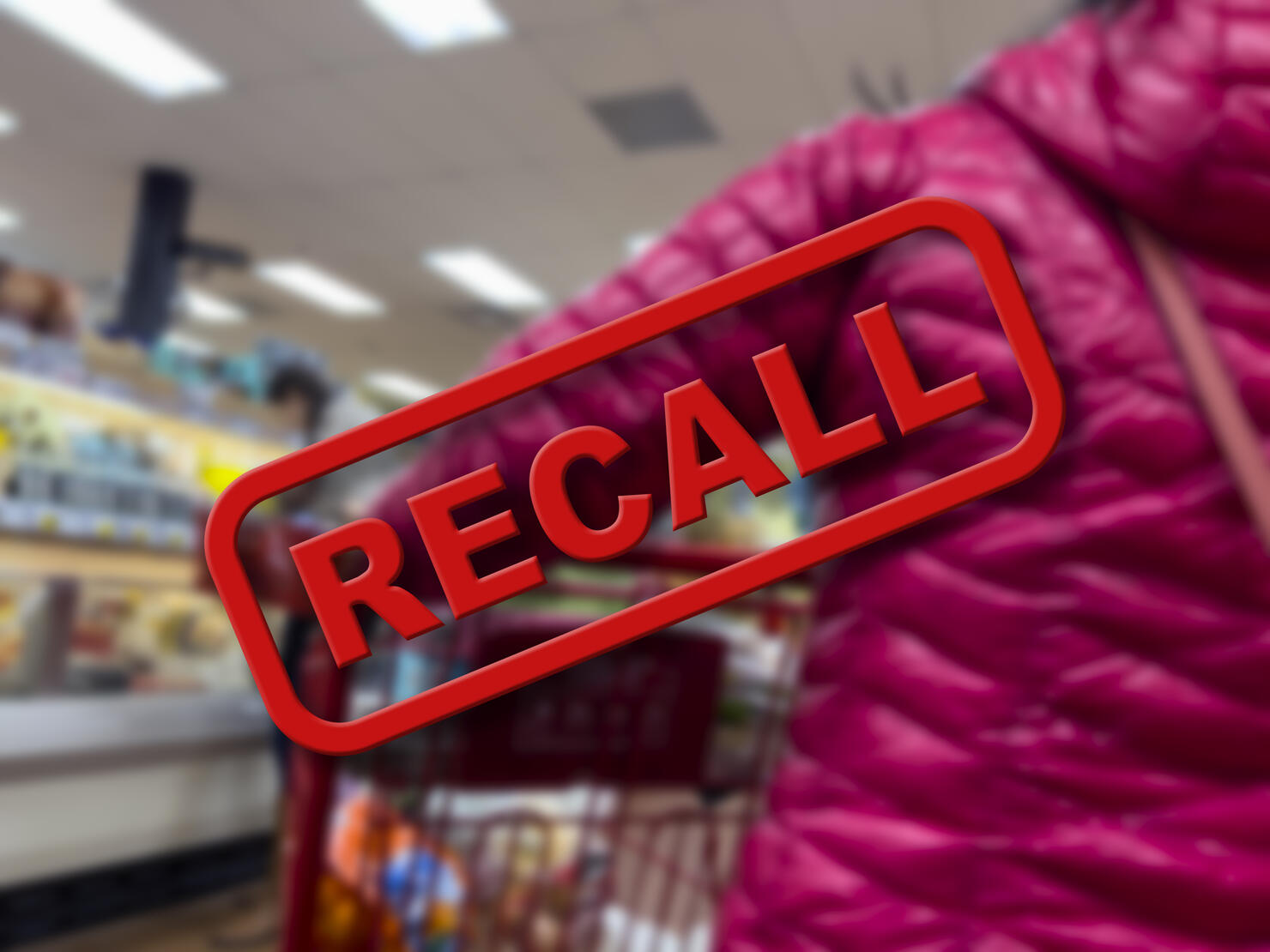 Blurry focus on a customer shopping inside a grocery store with the word Recall in the foreground