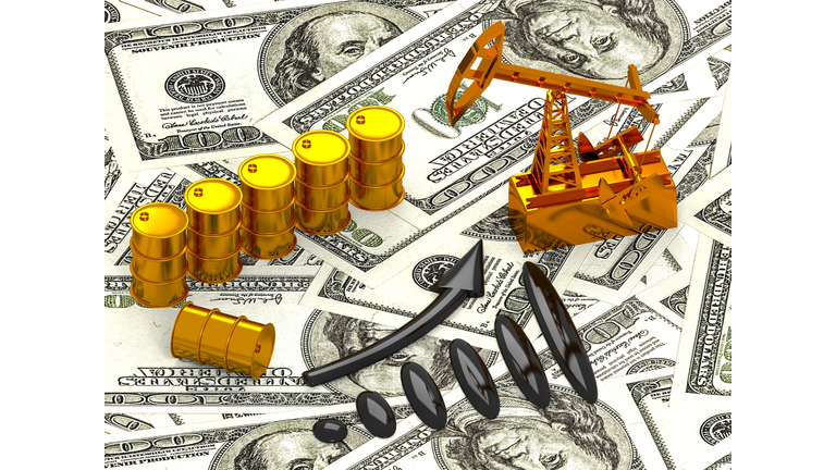 Golden Pumpjack And Spilled Oil On The Money.3d render