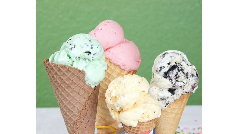 Several ice cream cones with different flavors