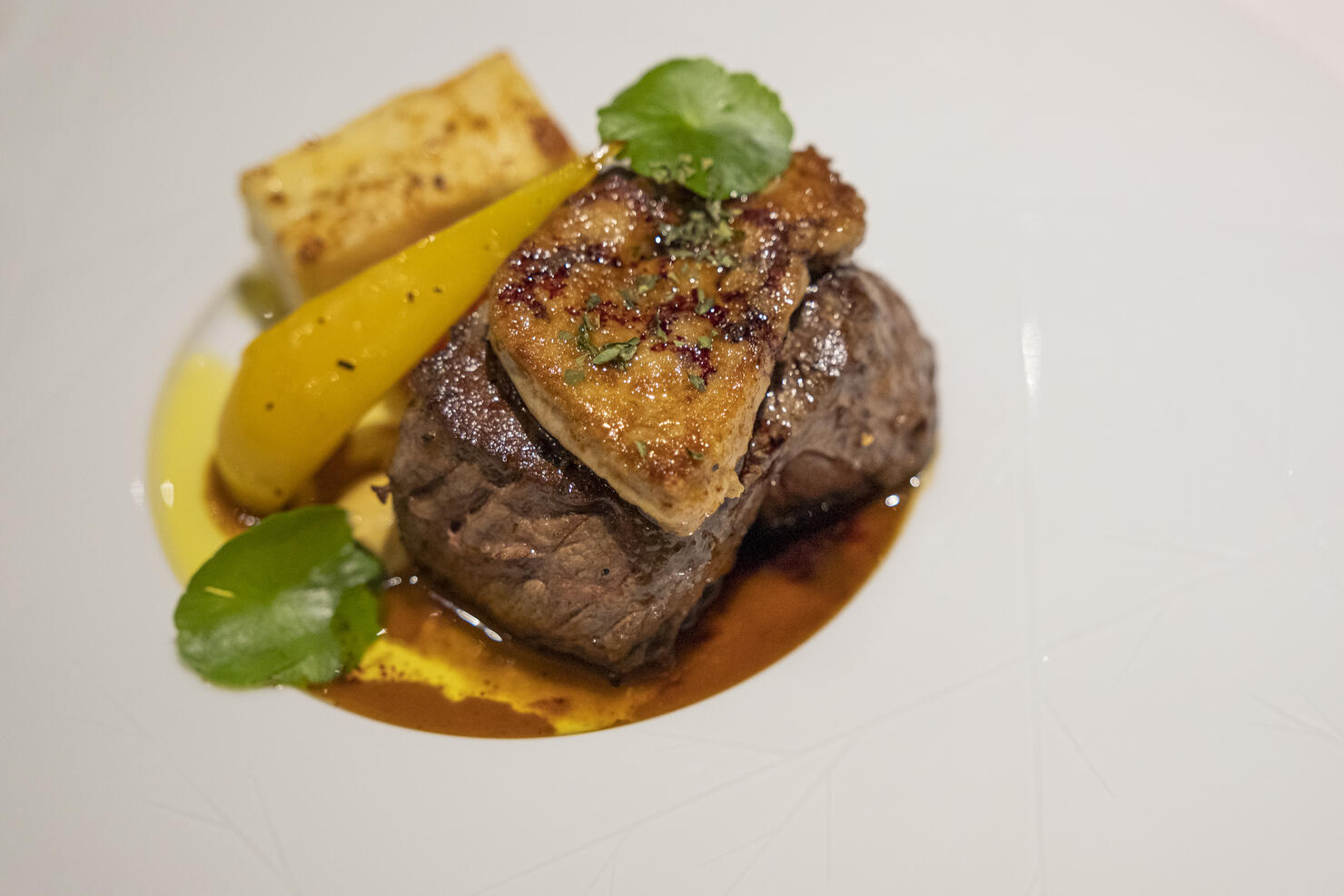 Luxury French Fine Dining, Beef Tenderloin With Seared Foie Gras and Grilled Vegetables