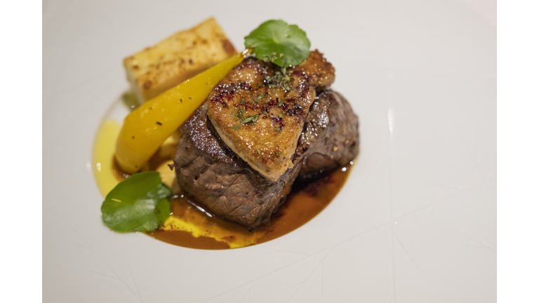 Luxury French Fine Dining, Beef Tenderloin With Seared Foie Gras and Grilled Vegetables