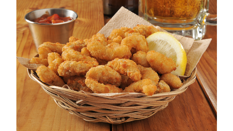 Popcorn shrimp and beer
