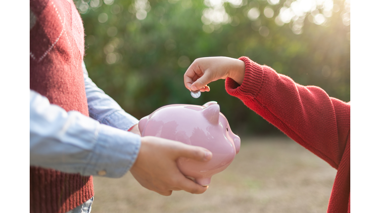 Child puts coins in the piggy bank