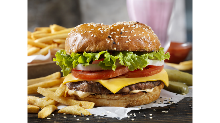 Classic Cheeseburger on a Brioche Bun with Fries and a Milkshake