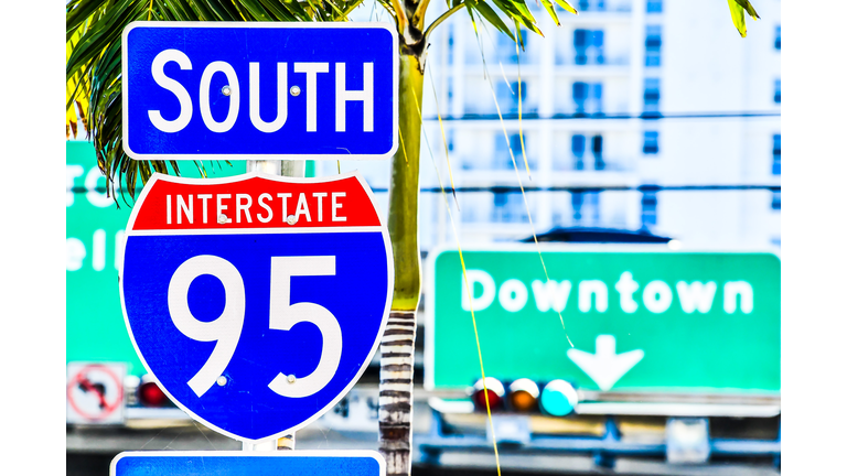 interstate 95 street sign with blue sky , miami city florida usa america