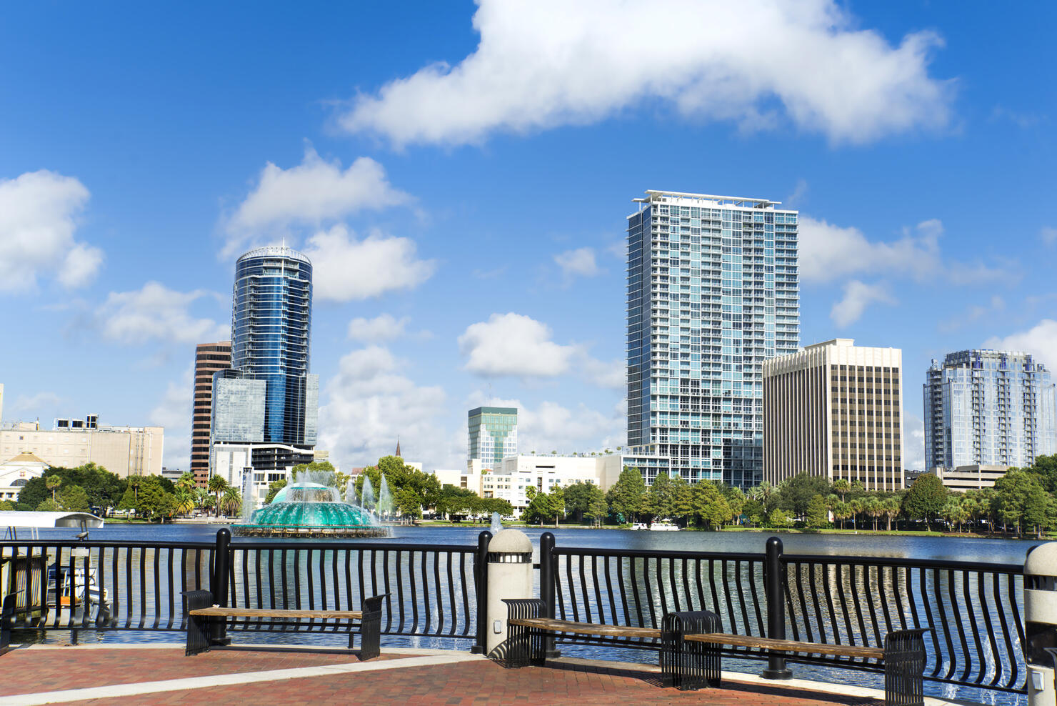 Benches and railing at the lake Eola Orlando