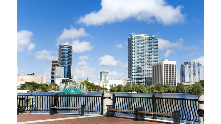 Benches and railing at the lake Eola Orlando