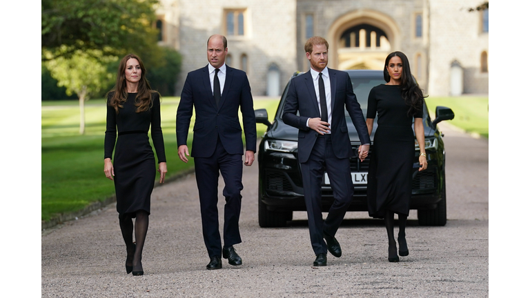 The Prince and Princess of Wales Accompanied By The Duke And Duchess Of Sussex Greet Wellwishers Outside Windsor Castle