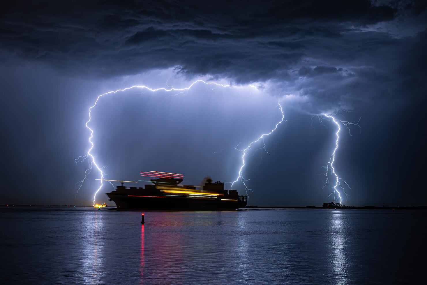 Sailing ship during a severe lightning storm