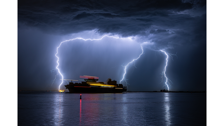 Sailing ship during a severe lightning storm