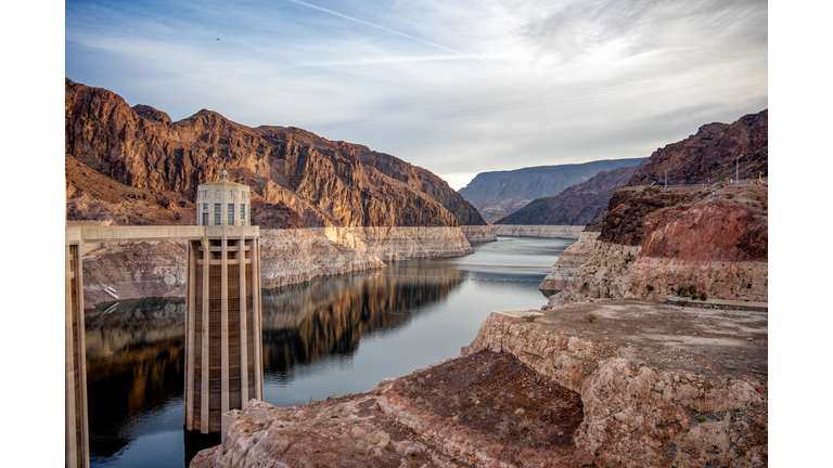 Hoover Dam at Boulder City Nevada Near Las Vegas on the Arizona Border Showing Very Low Water Levels in Lake Mead Reservoir Due to Long-Term Drought Conditions in the American Southwest