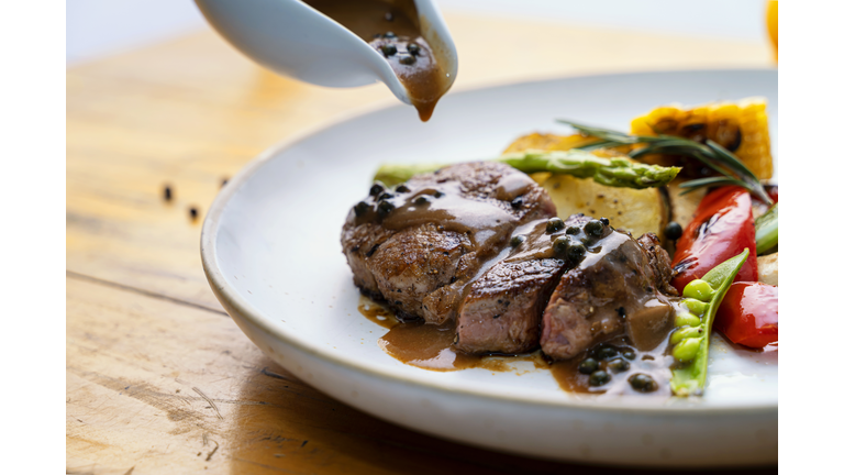 Wagyu beef steak with spicy Pepper sauce. premium Japanese Wagyu beef.