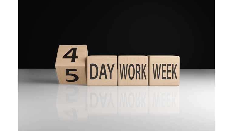 Wooden blocks showing the term 4-day work week. Illustration of the concept of the trend and widespread of 4 working days per week