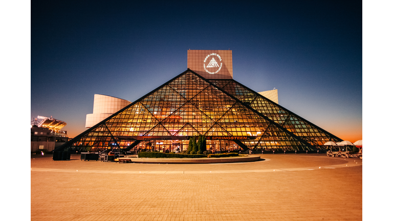 Rock and Roll Hall of Fame at Night Cleveland Ohio Building with Glass Pyramid